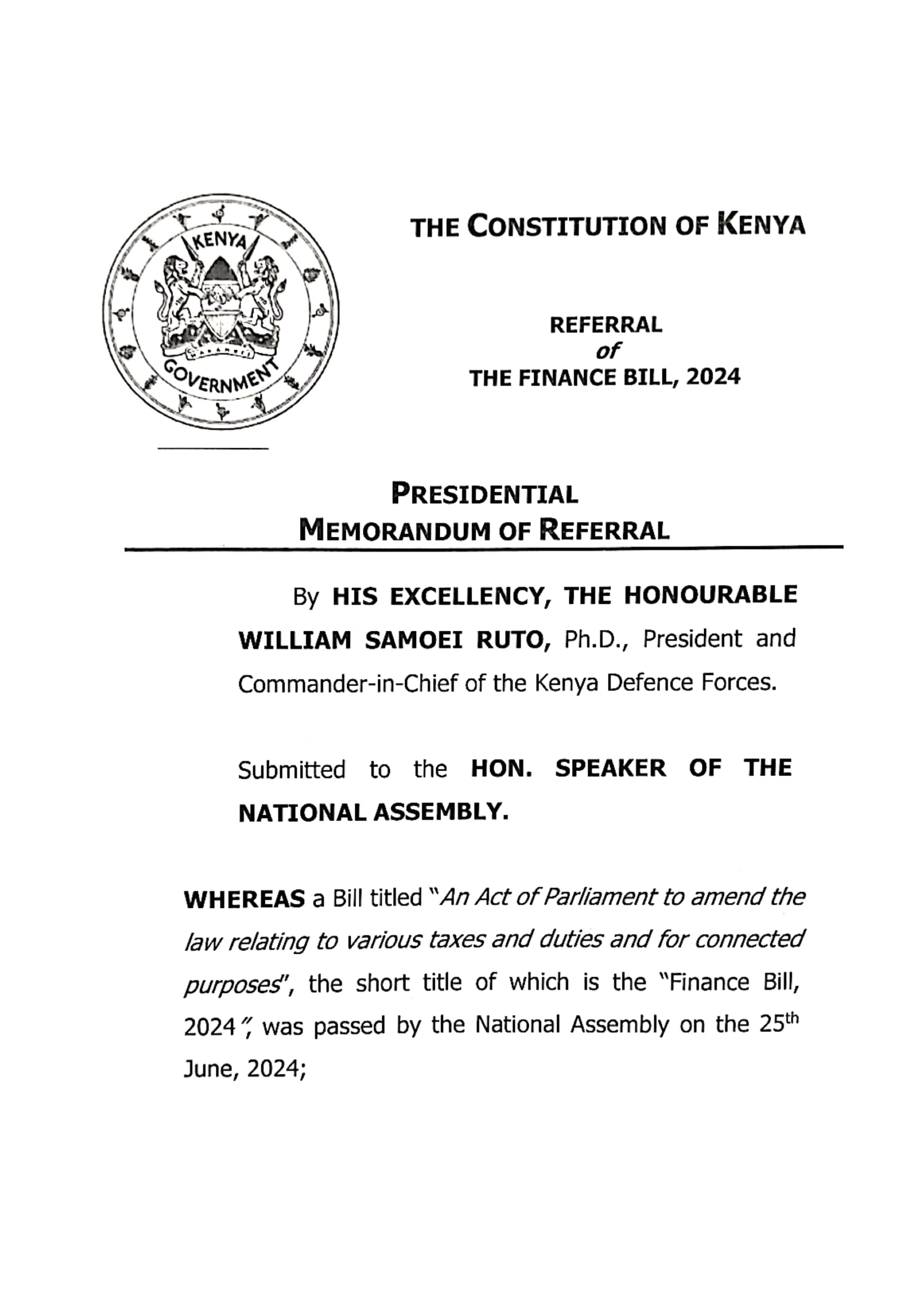 2024 06 26 1 Communiqué de la Présidence du Kenya Retrait du projet de loi