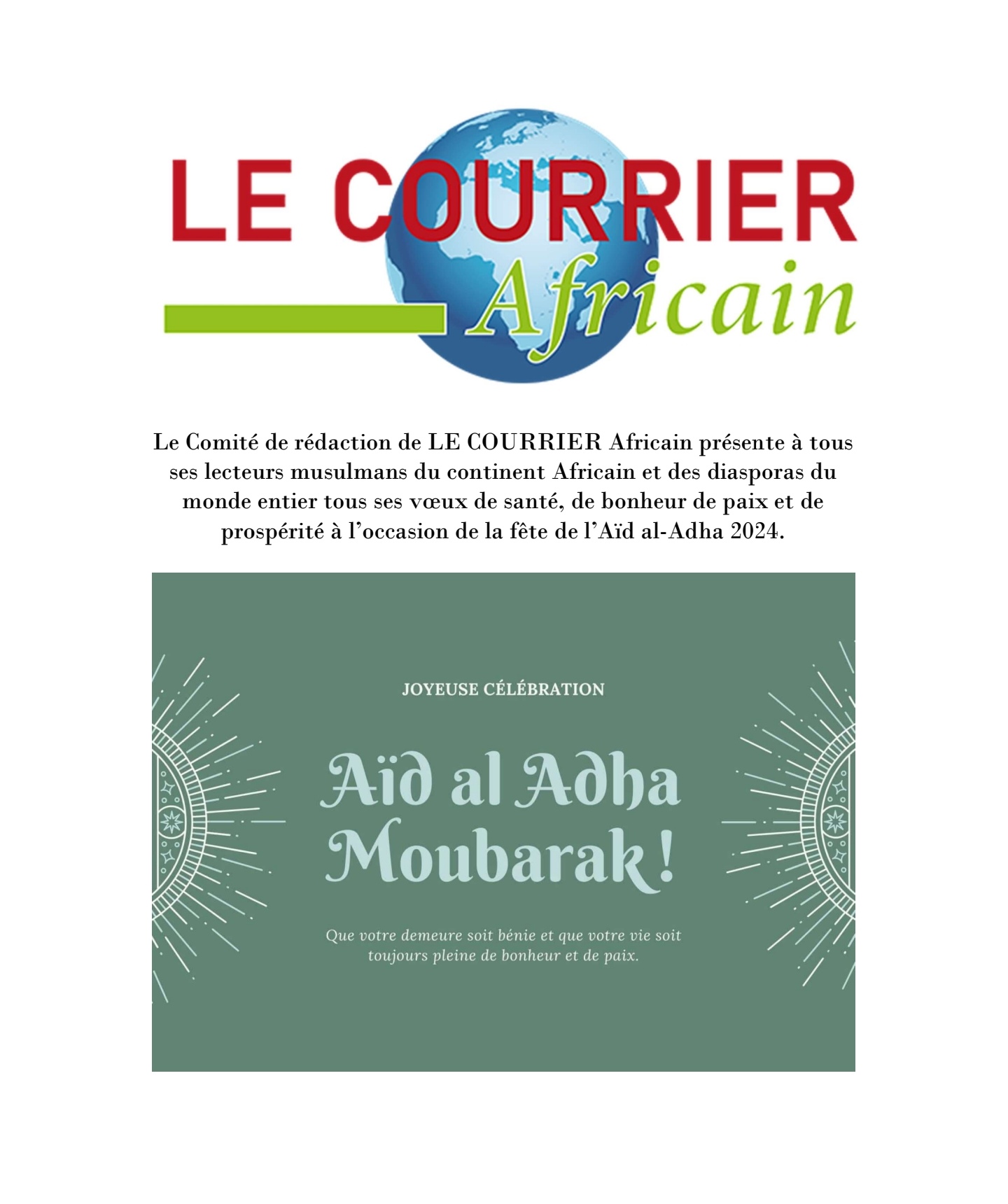 2024 06 16 Le Comité de rédaction de LE COURRIER Africain présente à tous ses lecteurs musulmans lAïd al Adha 2024